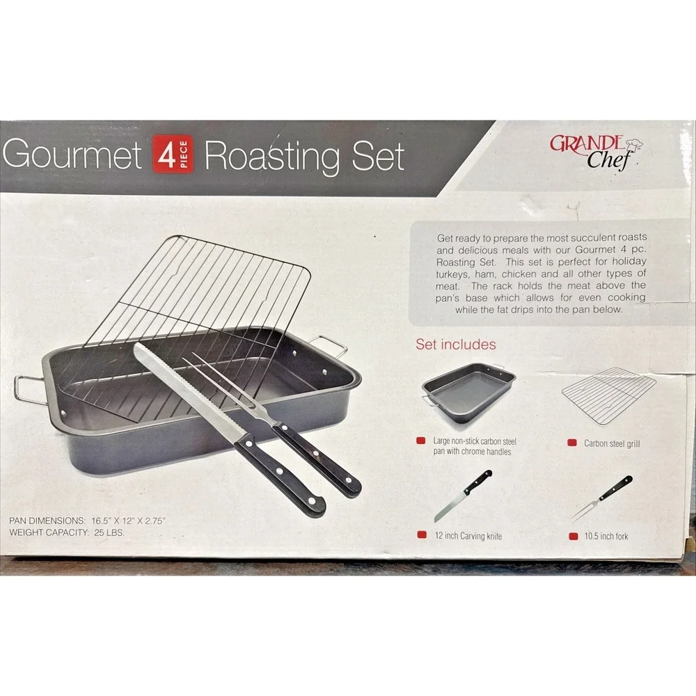 Grande Chef Gourmet 4 Piece Roasting Set Nonstick Roaster Rack Tools NIB